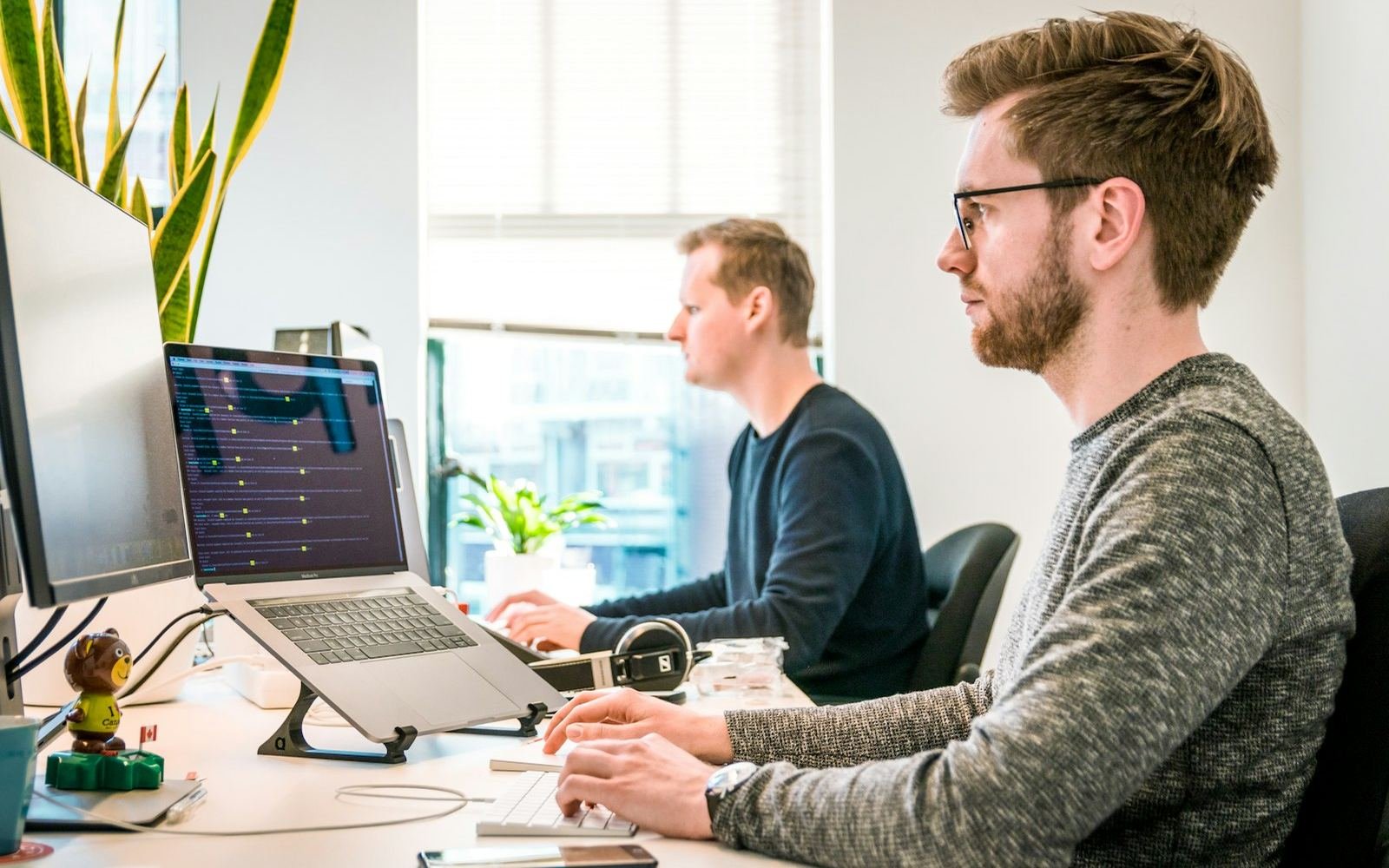 Two colleagues working side by side at desks in a bright office